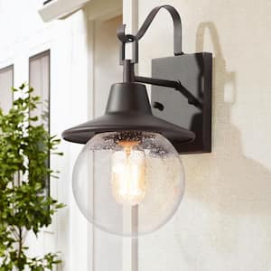 Modern Rusty Black Outdoor Wall Lantern Sconce with Globe Clear Seeded Glass Shade 1-Light Vintage Wall Mount Light