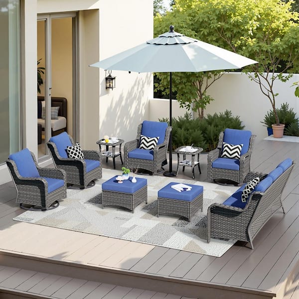 OVIOS Janus Gray 9-Piece Wicker Patio Conversation Seating Set with Denim Blue Cushions and Swivel Chairs