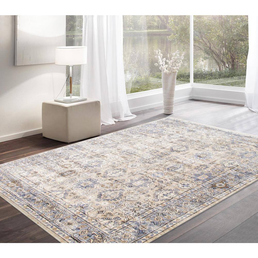 Beige and Blue 6' Square Stain-Resistant Synthetic Area Rug