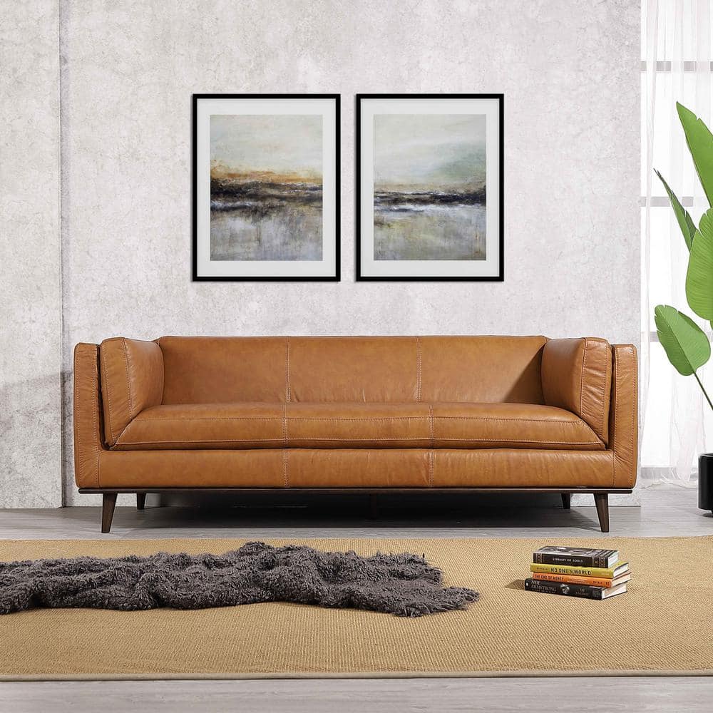 Ashcroft Furniture Co Brockton 85 in. W Square Arm Genuine Leather Modern  Comfy Sofa in Tan Brown (Seats 3) HMD00096 - The Home Depot