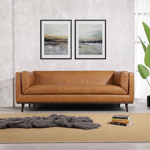 Brockton 85 in. W Square Arm Genuine Leather Modern Comfy Sofa in Tan Brown (Seats 3)