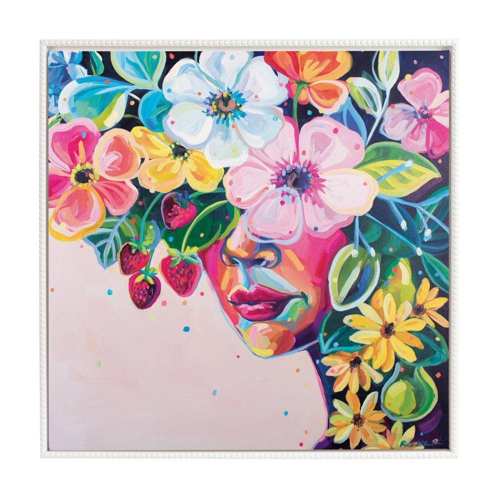 Colorful Flower Crown Art on White Framed Canvas, 30x30