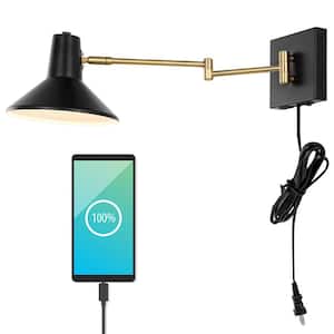 Hygge 16 in. Swing Arm 1-Light Black/Brass Gold Modern Midcentury Iron USB Charging Port LED Wall Sconce