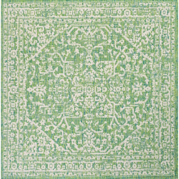 Malta Bohemian Medallion Textured Weave Cream/Green 5 ft. Square Indoor/Outdoor Area Rug