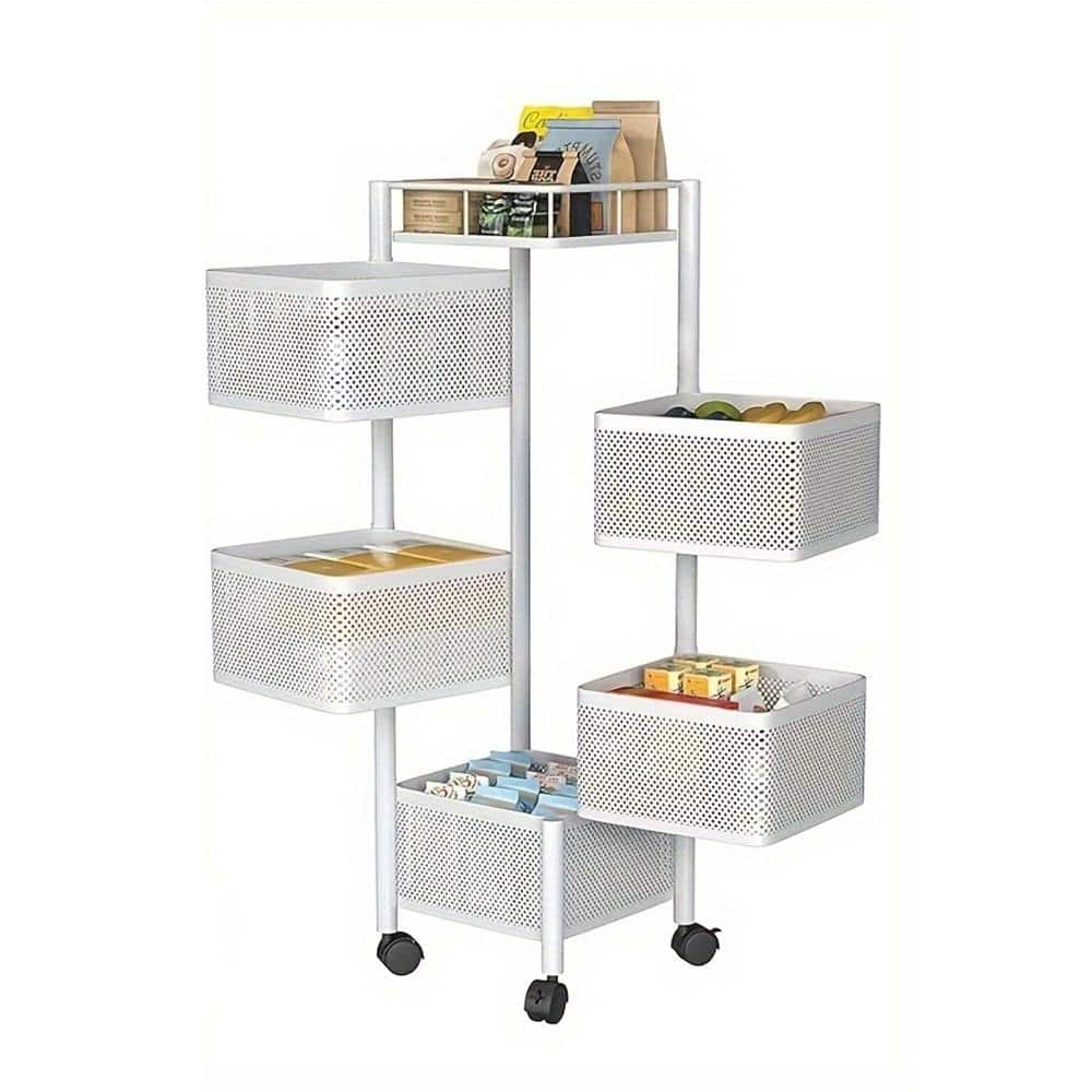 1-Piece 5-Tier Square Metal Rotating Kitchen Storage Rack Fruit Baskets wit