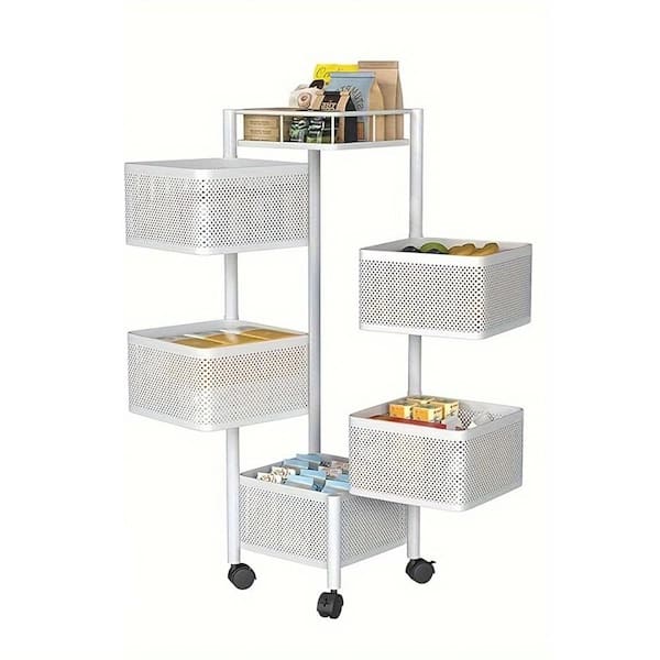 Adrinfly 1-Piece 5-Tier Square Metal Rotating Kitchen Storage Rack Fruit Baskets with Locking Wheels, Perfect for Fruits, White
