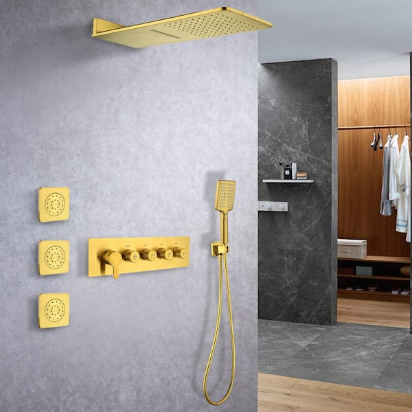FORCLOVER 3-Spray Waterfall High Pressure Wall Mounted Shower System with 3 Body Sprays and Handheld Shower in Gold