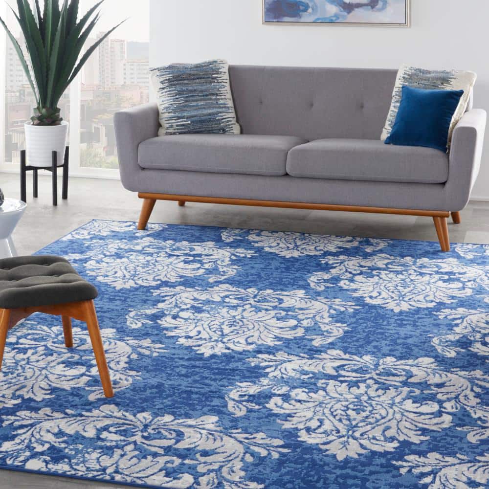Ivory and Navy Floral Damask 8' x 10' Synthetic Area Rug