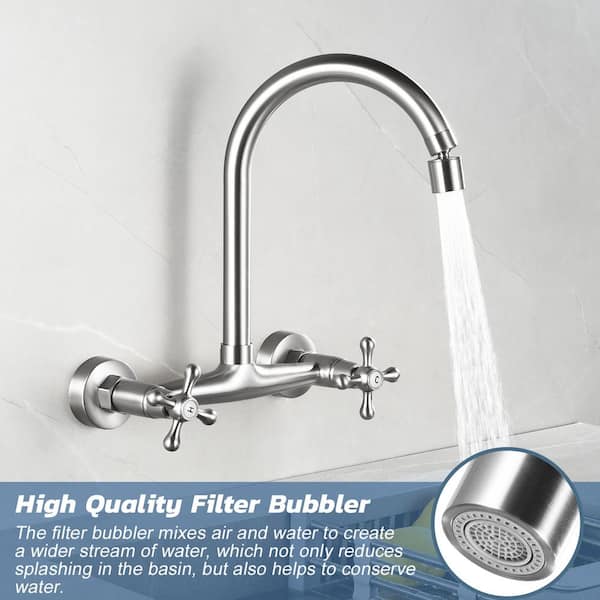 Commercial Double Handle Wall Mount Standard Kitchen Faucet in Brushed Nickel