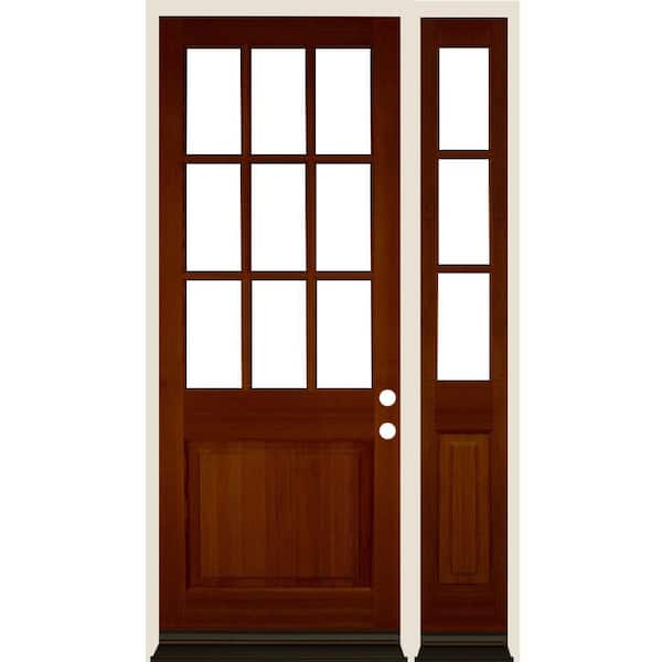 Krosswood Doors 50 in. x 96 in. Farmhouse 9-Lite Clear Glass Left-Hand Red Chestnut Stain Hemlock Wood Prehung Front Door w/ RSL