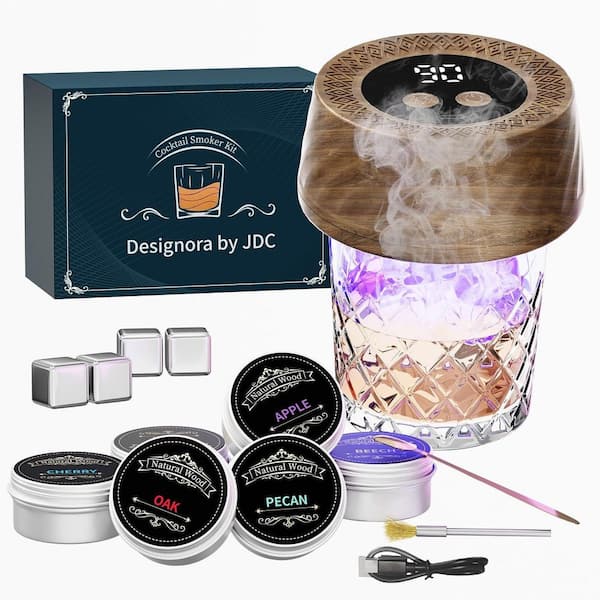 1-Piece Black Electric Whiskey Smoker Kit with 6 Wood Chips Modern LED Cocktail Smoking Set for Drinks and Food