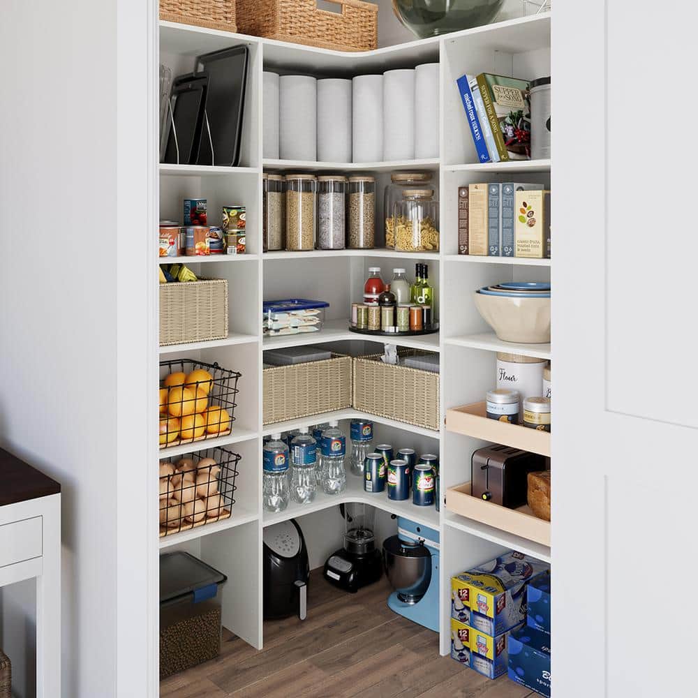 White Corner Pantry Storage System with Maple Drawers