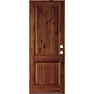36 in. x 96 in. Rustic Knotty Alder Square Top V-Grooved Red Chestnut Stain Left-Hand Wood Single Prehung Front Door