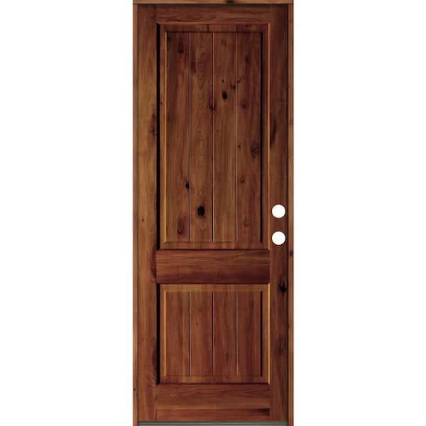 Krosswood Doors 42 in. x 96 in. Rustic Knotty Alder Square Top V-Grooved Red Chestnut Stain Left-Hand Wood Single Prehung Front Door