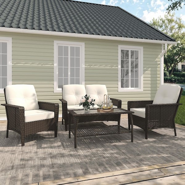INMITOM 4-Piece Wicker Patio Conversation Set with Beige Cushions and Glass-Top Coffee Table