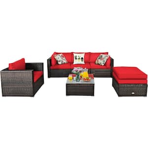 6-Pieces Rattan Patio Conversation Set with Sectional Red Cushions