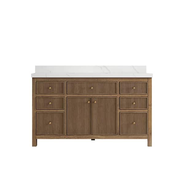 Willow Collections Sonoma Teak 60 in. W x 22 in. D x 36 in. H Single Sink Bath Vanity in Dark Teak with 2" Calacatta Quartz Top