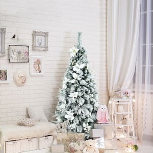 5 ft. White Unlit Snow Flocked Artificial Christmas Pencil Tree with Berries and Poinsettia Flowers