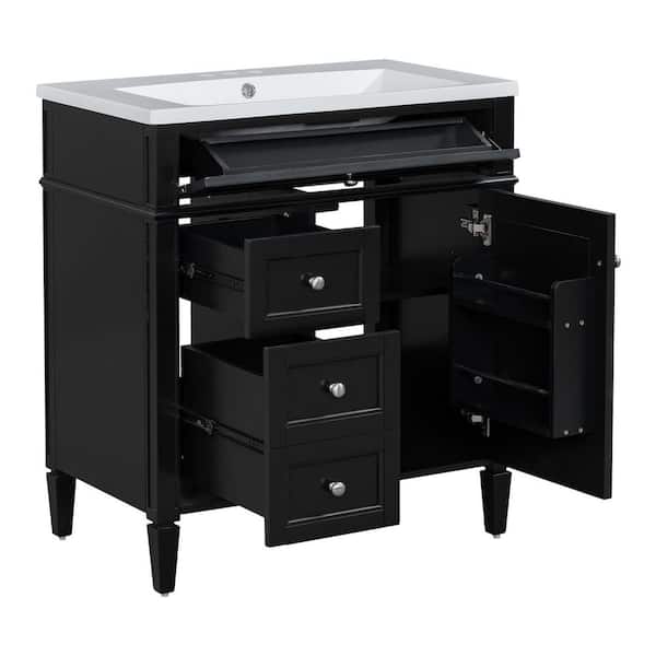 30 in. W Single Sink Bath Vanity in Black with White Ceramic Top, 2 Drawers and a Tip-Out Drawer Unassembled