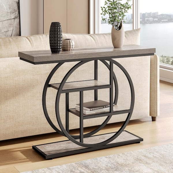 BYBLIGHT Turrella 41.3 in. Grey Rectangle Wood Console Table with Storage Shelves