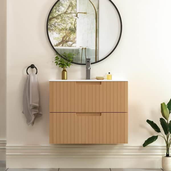 18.25 in. W x 24 in. D x 19.25 in. H 1 Sink Wall Mounted Bath Vanity in Light Brown with White Ceramic Top and 2-Drawers