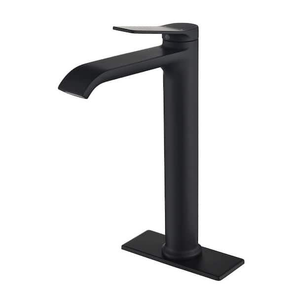 Single Handle Waterfall Vessel Sink Faucet with 6 in. Deck Plate Modern Brass Bathroom High Tall Taps in Matte Black