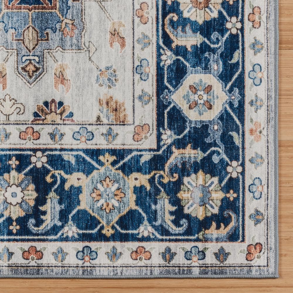 Micah Blue and Beige Synthetic Washable Rectangular Area Rug