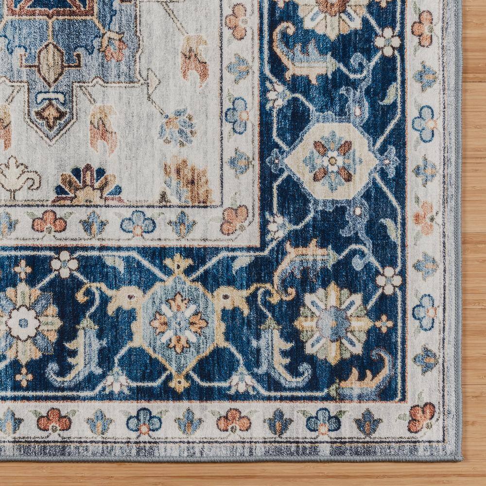 Micah Blue and Beige Synthetic Washable Rectangular Area Rug