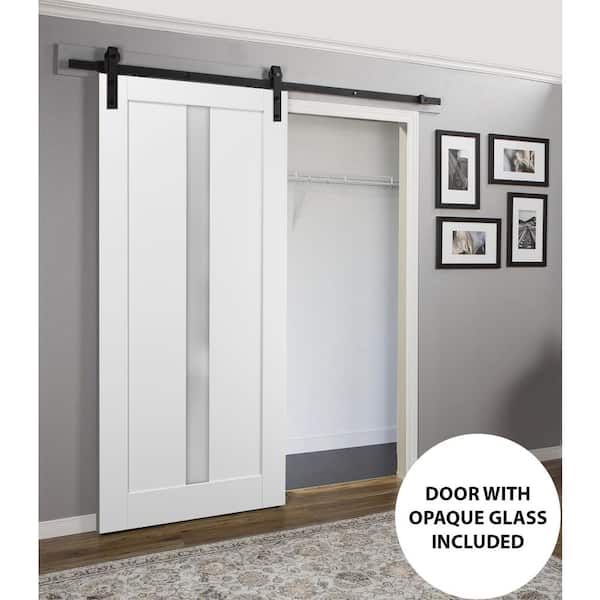 Sartodoors 30 in. x 96 in. 1-Panel 1/4 Lite Frosted Glass White Finished Solid Pine MDF Sliding Barn Door with Hardware Kit