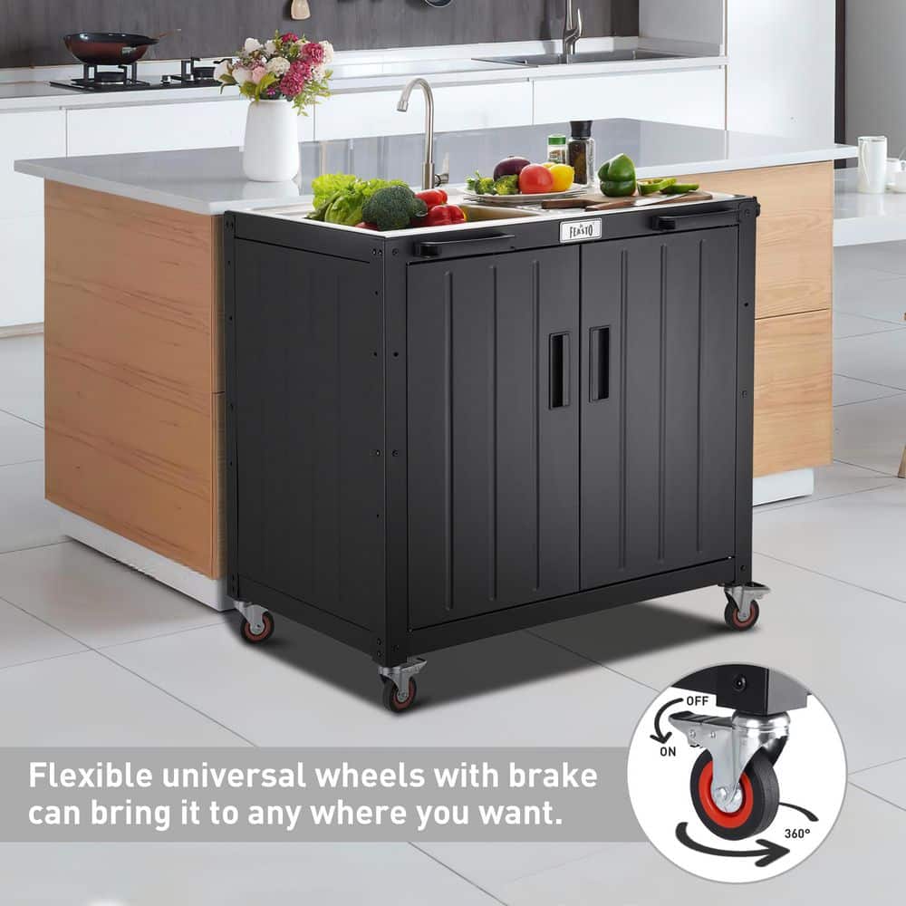 Freestanding Black and Stainless Steel Outdoor Sink Station with Cabinet