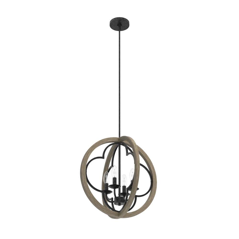 French Oak Transitional Globe Pendant Light with Quatrefoil Design