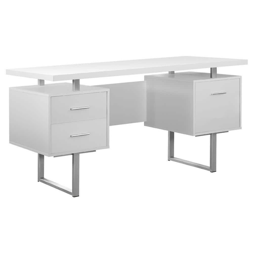 Modern White Home Office Desk with Sleek Metal Legs and Storage