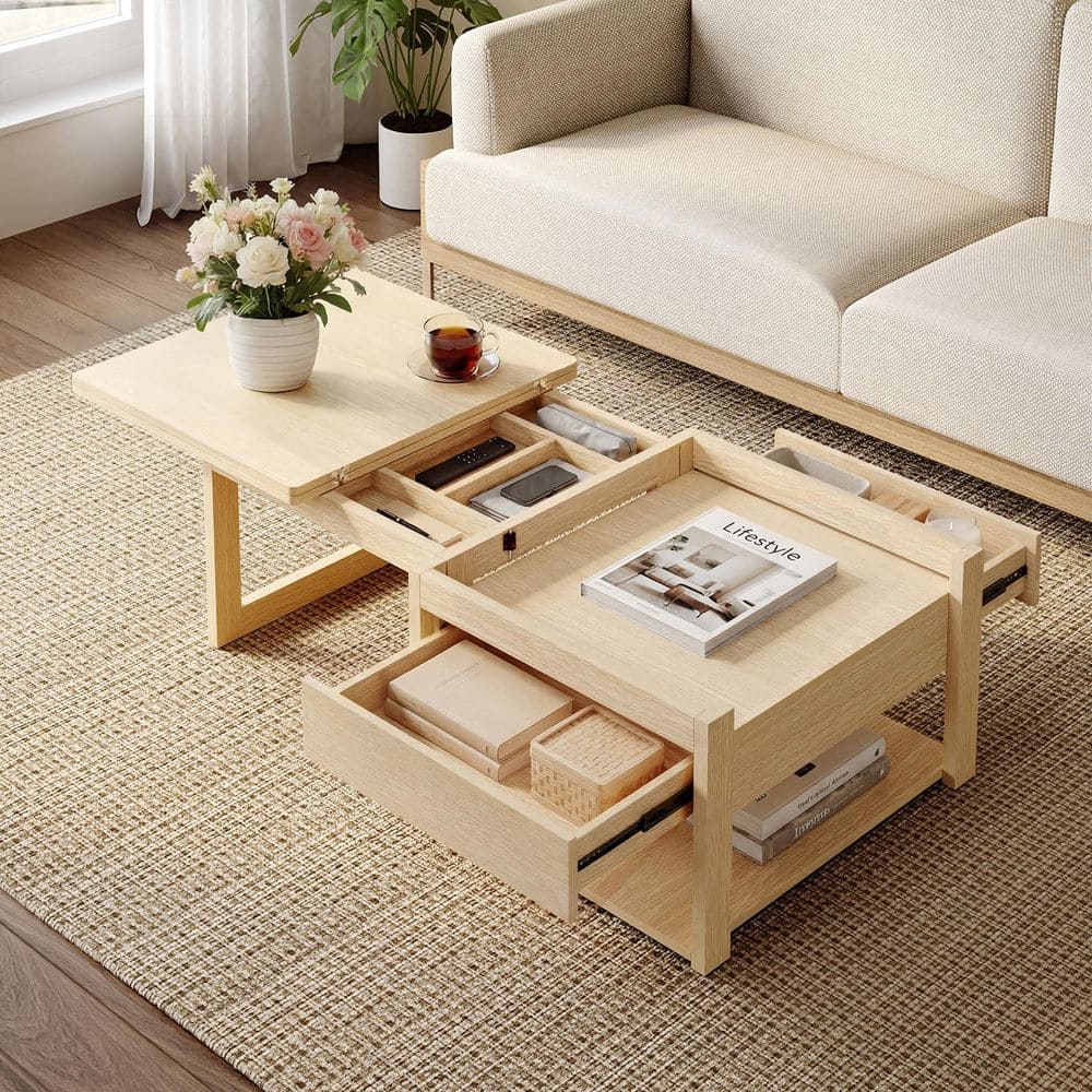 FUFU&GAGA 47.2 in. Natural Rectangular Wood Coffee Table with