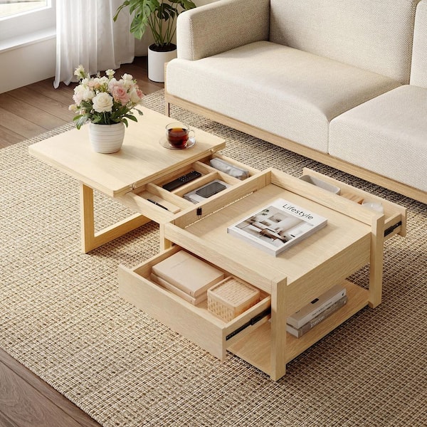 FUFU&GAGA 47.2 in. Natural Rectangular Wood Coffee Table with