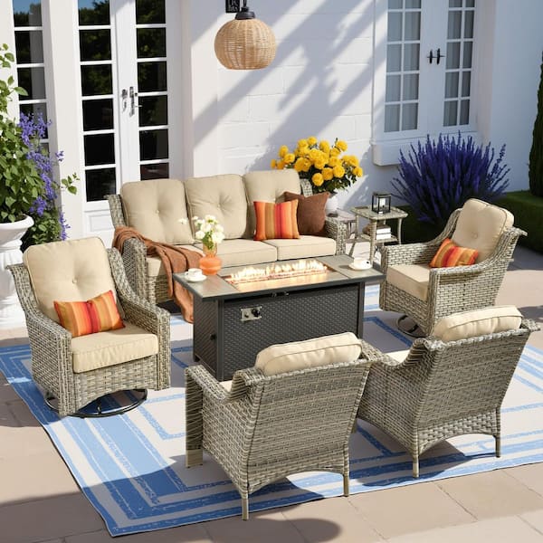 Cherry 7-Piece Wicker Outdoor Fire Pit Furniture Patio Conversation Sofa Set with Swivel Chairs and Beige Cushions