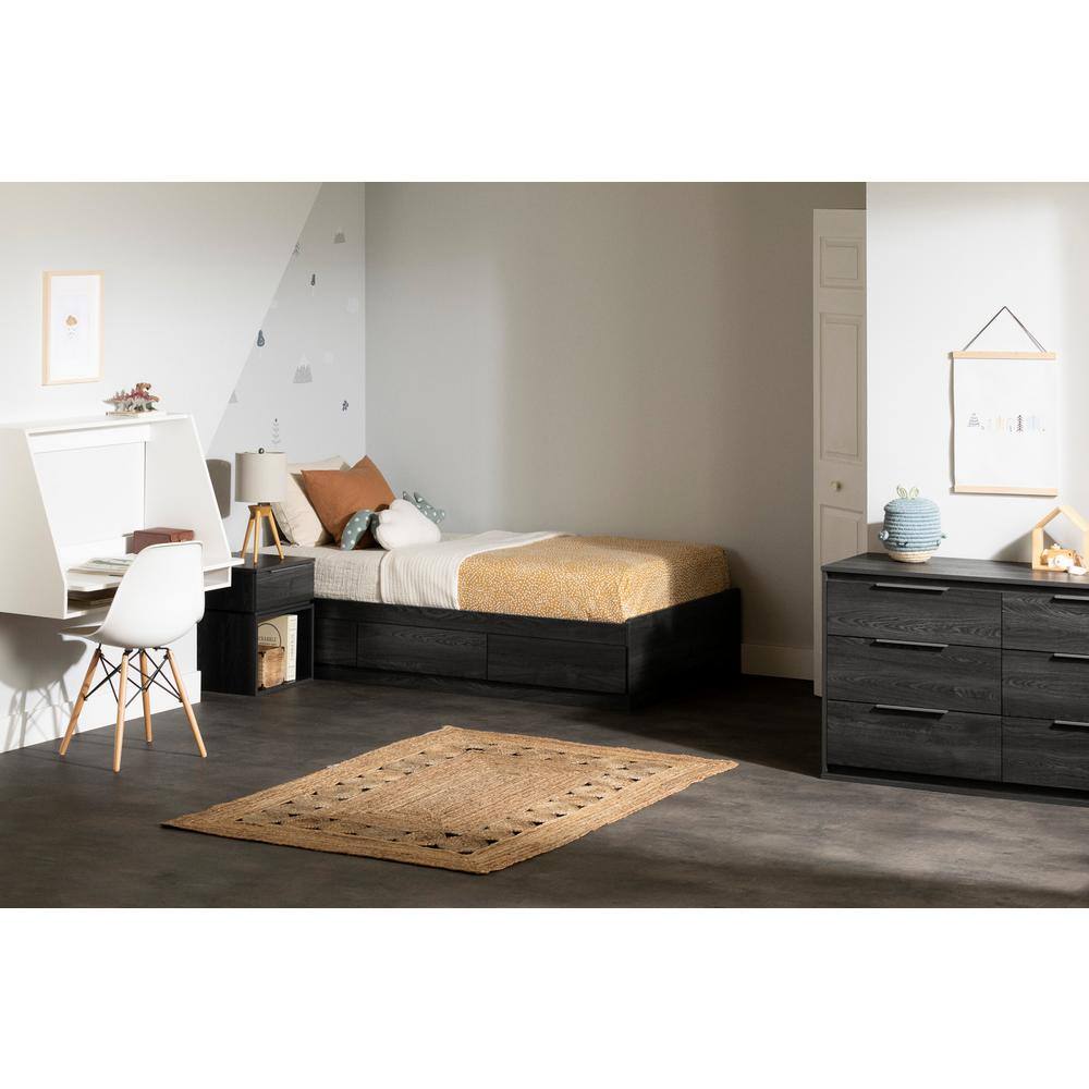 Gray Oak Twin Platform Bed with 3 Storage Drawers