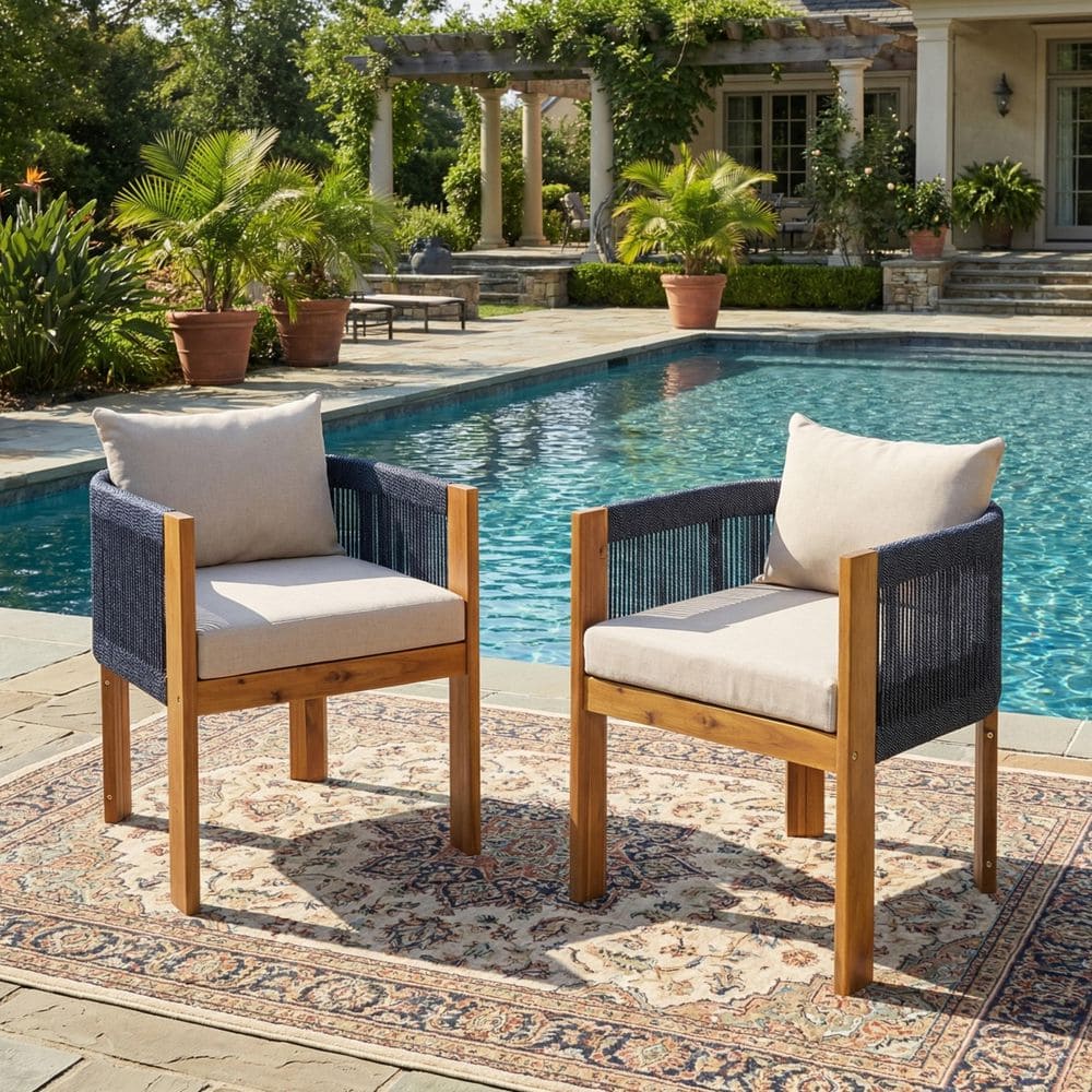 Kelrix Acacia Wood Outdoor Patio Dining Chairs with Sand Color Cushions and Black Rope Back (Set of 2) price history on PriceWatchPro