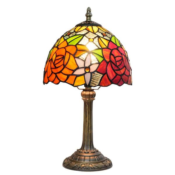 14 in. Multi-Colored Tiffany Style Bronze Finish Table Lamp with Rose Stained Glass Lamp Shade
