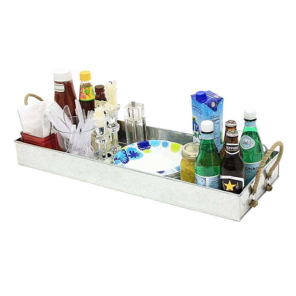 Large Galvanized Steel Rectangular Tray with Rope Handles