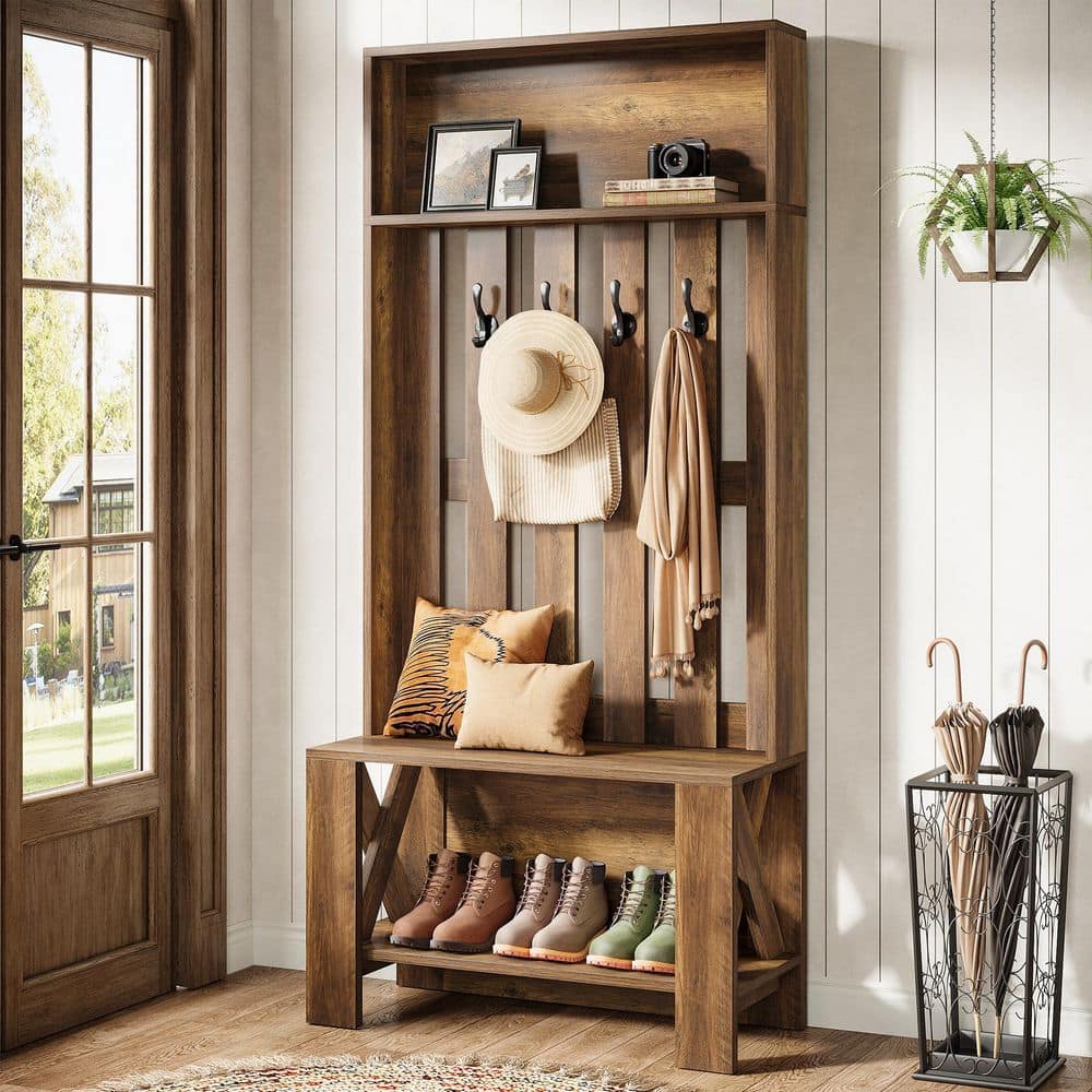 BYBLIGHT Brown Engineered Wood Hall Tree with Shoe Storage and 4