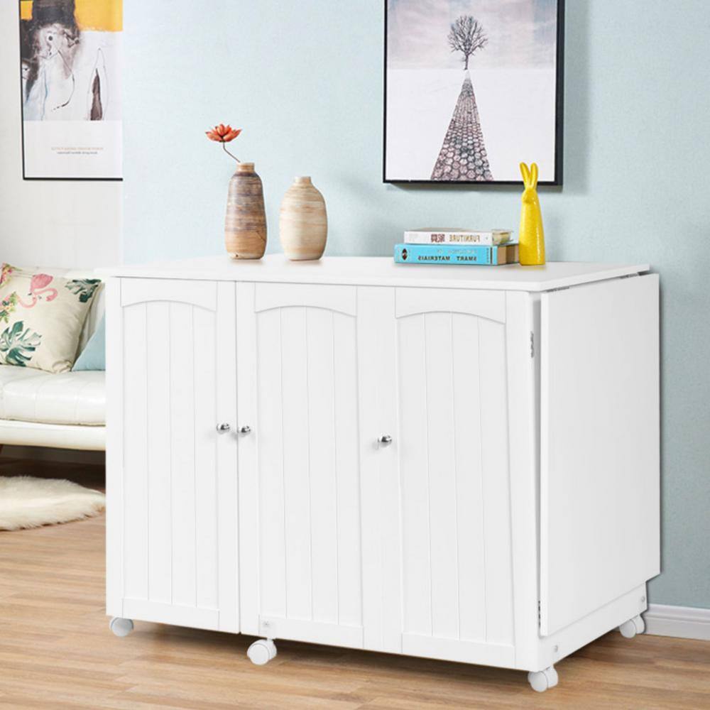 White Folding Sewing Table with Shelves and Wheels