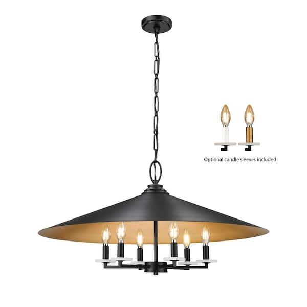 Unbranded Rialto 32 in. Matte Black 6 Light Pendant with Matte Black Outer, Signature Rubbed Brass Inner Steel Shade