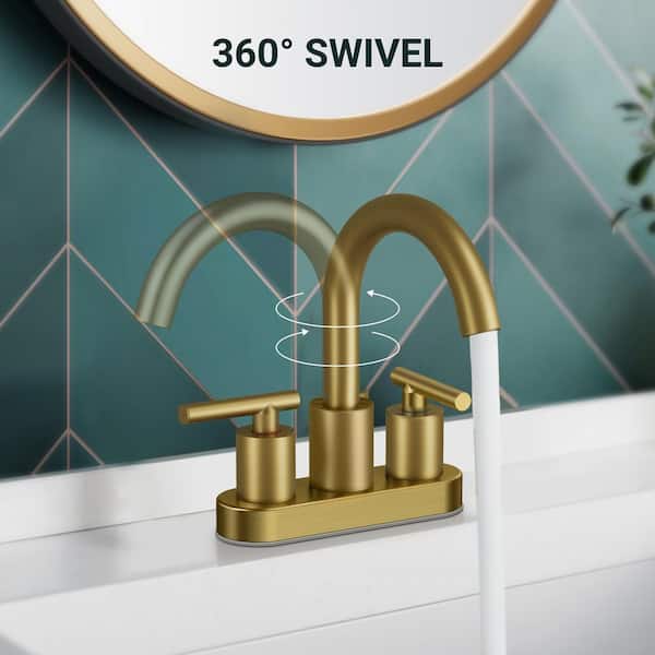 4 in. Center set Double Handle Gooseneck High-Arc Bathroom Faucet with Drain Kit in Matte Gold