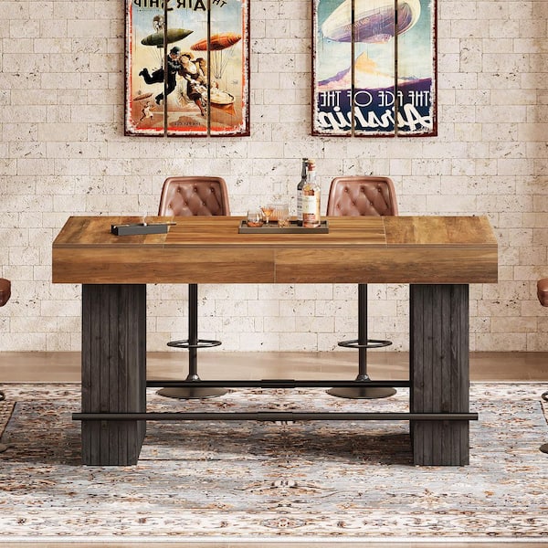 63 in. Brown Wood Rectangle Bar Table with Metal Footrest, Industrial Counter Height Pub Bar Unit Kitchen Bistro Home