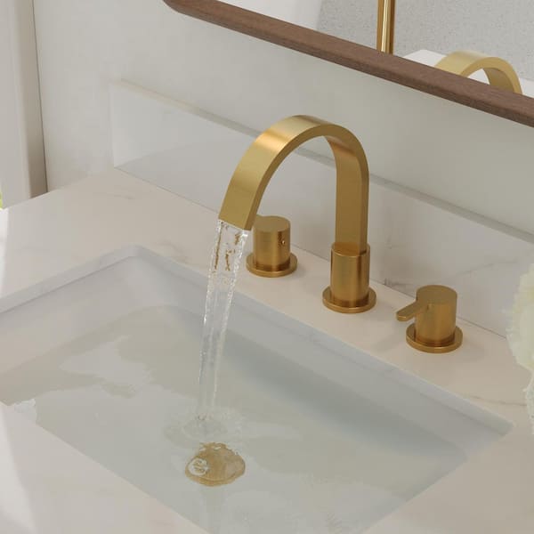 8 in. Waterfall Widespread Double Handle 360° Swivel Bathroom Faucet with Pop-up Drain in Brushed Gold (2-Pack)