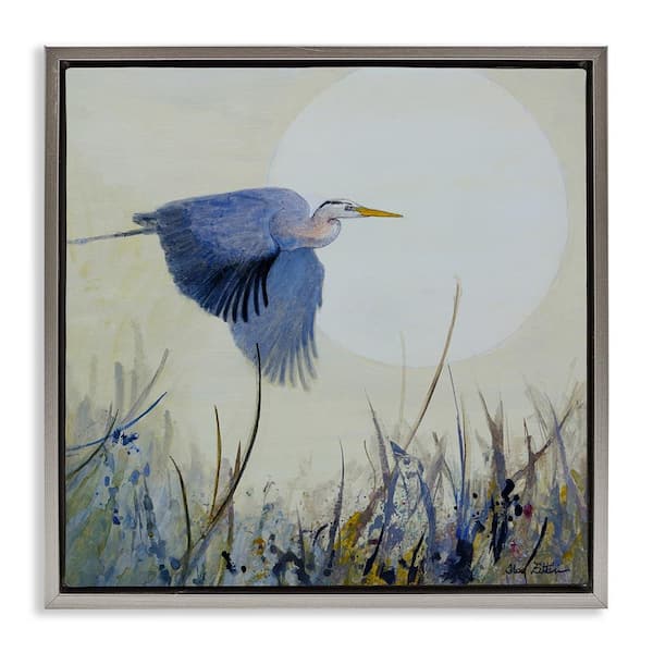 Stupell Industries Full Moon & Heron by Floy Zittin Gray Floater Frame Animal Graphic Art Print 18 in. x 18 in.