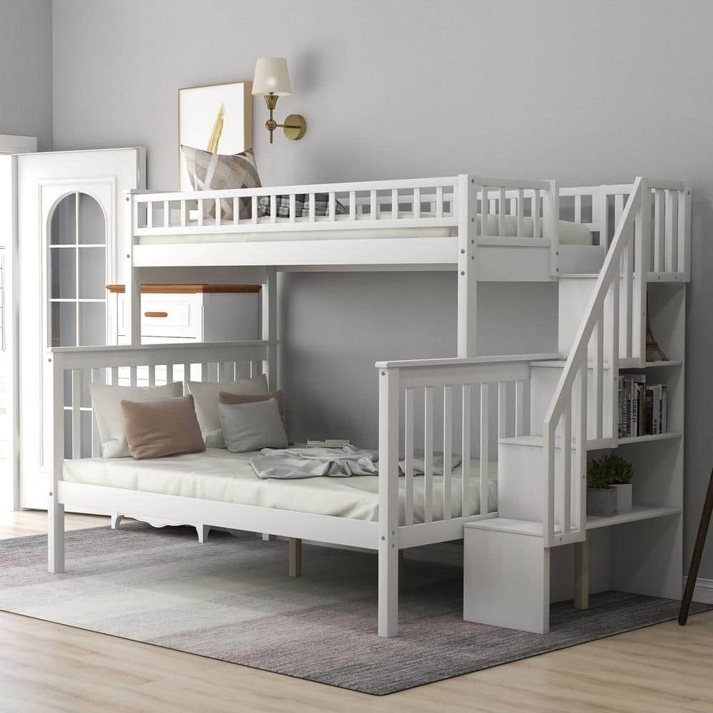 White Twin Over Full Stairway Bunk Bed, Twin Full Bunk Bed With Stairs