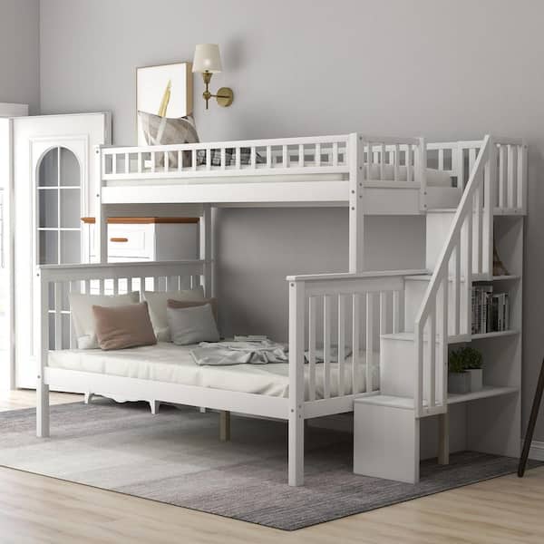 Full Stairway Bunk Bed With Storage, White Wood Twin Bunk Bed