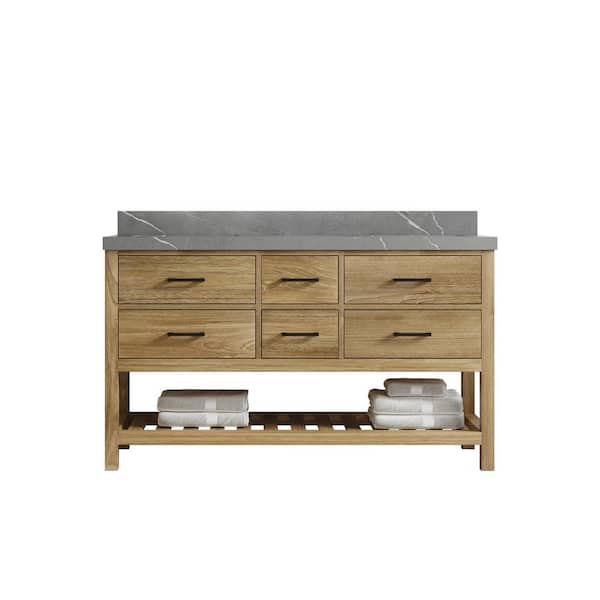 Willow Collections Parker Teak 60 in. W x 22 in. D x 36 in. H Double Sink Bath Vanity in Premium Polish with Piatra Gray Qt. Top