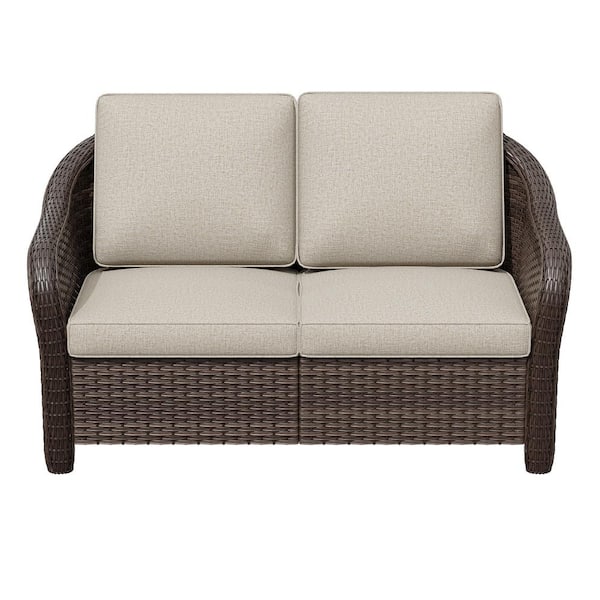 Brown Wicker Outdoor Loveseat Patio Sofa Deep Seating with Beige Cushion